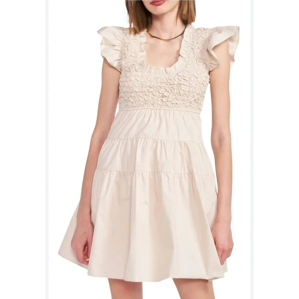 En‎ Saison Matisse Flutter Sleeve Smocked Tiered Mini Dress Cream L